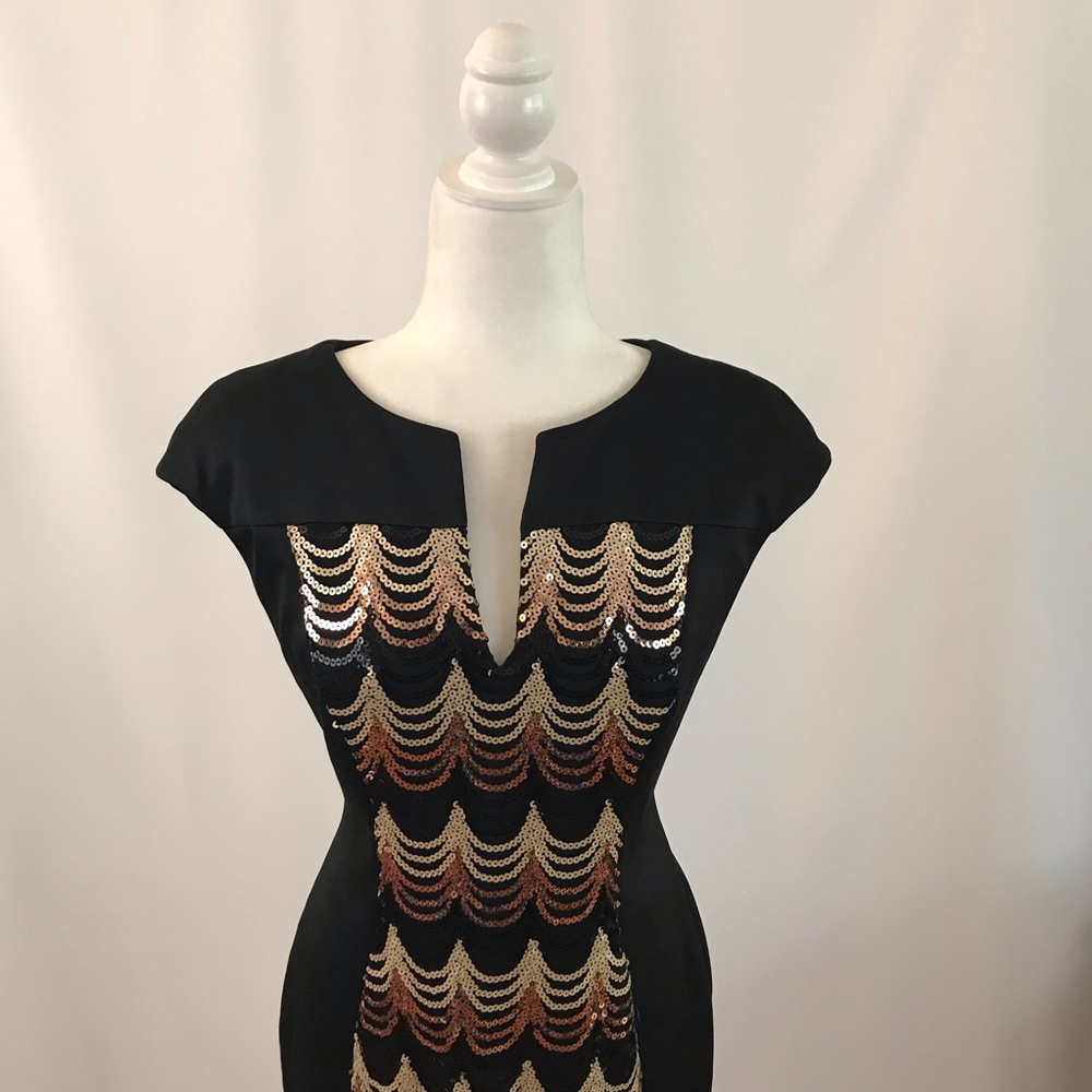 Rust copper black V neck dress (#210)
